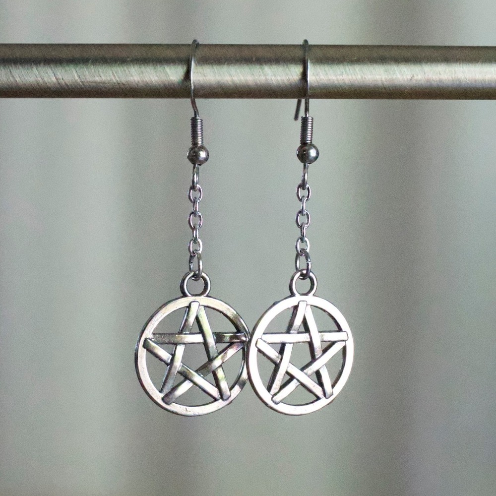 Handmade Silver Tone Pentagram Drop Earrings Gothic Wiccan Pagan Pentacle Star